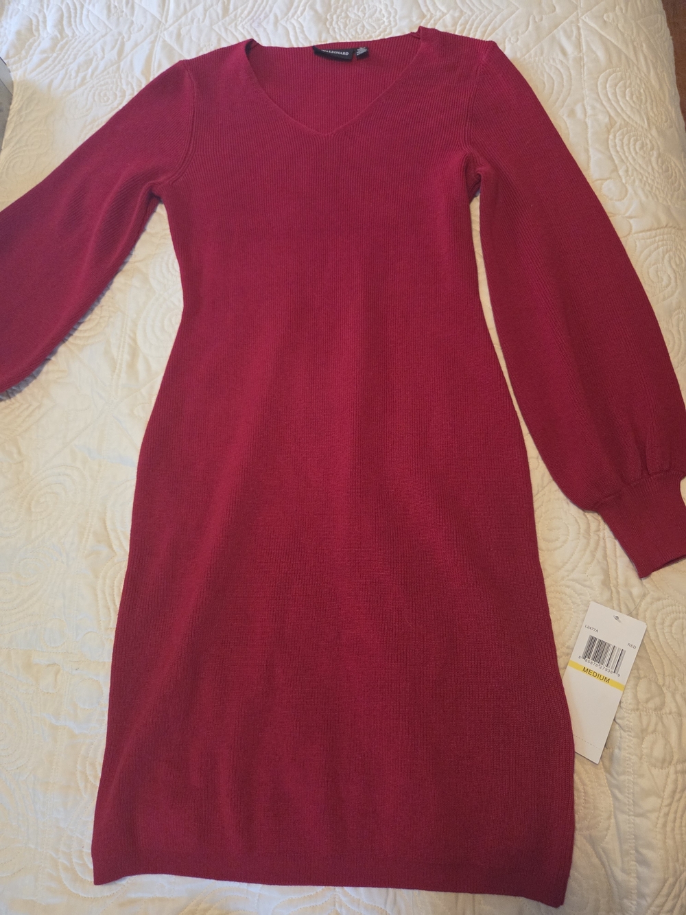 Nina Leonard Crimson V-Neck Long Sleeve Sweater Dress